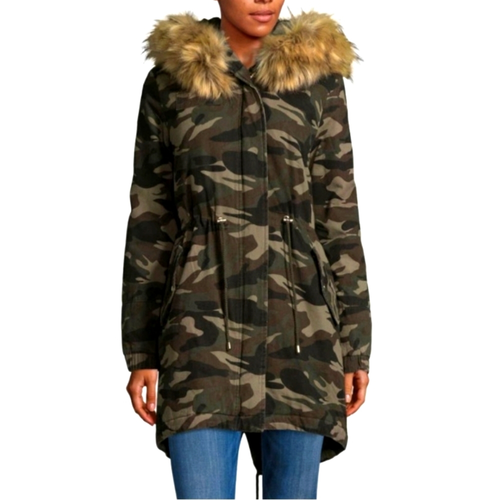 a.n.a. RED FAUX FUR HOODED ANORAK COAT